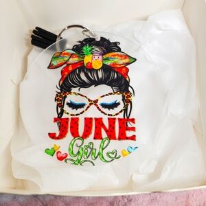 7/$10 June Girl Acrylic Keychain with Tassel, New